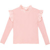 Charlotte Jersey Stand Collar Long Sleeve Frill Trim Top, Coral - Blouses - 1 - thumbnail