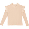 Charlotte Jersey Stand Collar Long Sleeve Frill Trim Top, Beige - Blouses - 1 - thumbnail