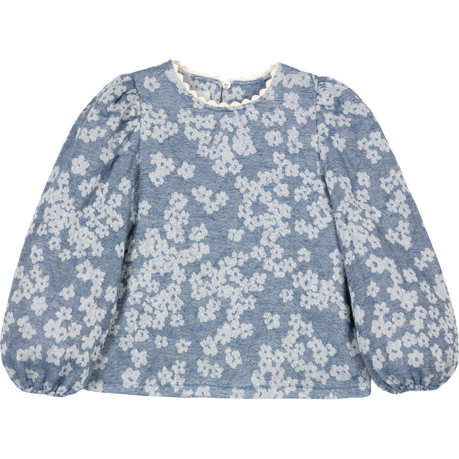 Clementine Jacquard Long Puff Sleeve Scalloped Trim  Blouse, Blue