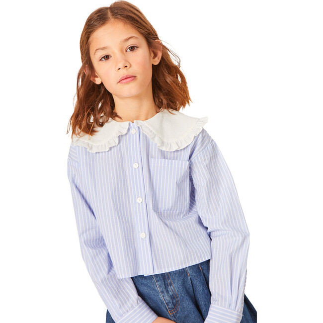 Camille Popelin Oversized Collar Long Sleeve Blouse, Blue - Blouses - 5