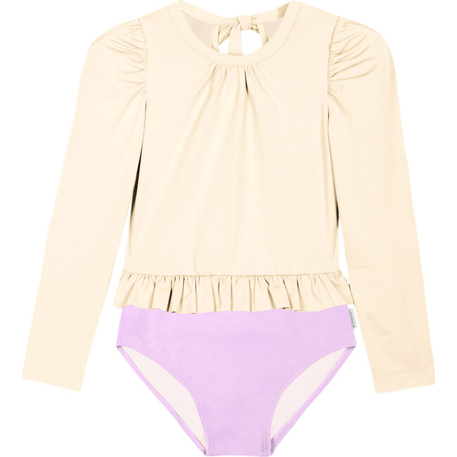 Macarena Scoop Neck Frill Trim Long Sleeve Swimsuit, Mauve