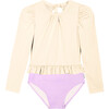 Macarena Scoop Neck Frill Trim Long Sleeve Swimsuit, Mauve - One Pieces - 1 - thumbnail