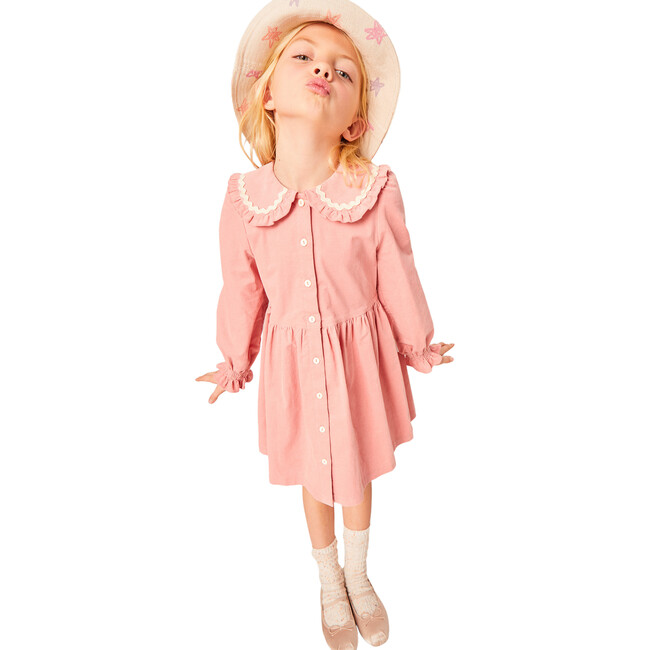 Carine Corduroy Round Collar Long Sleeve Frill Trim Smocked Dress, Coral - Dresses - 3