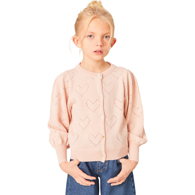 Duna Crew Neck Long Puff Sleeve Cardigan, Light Pink - Cardigans - 2