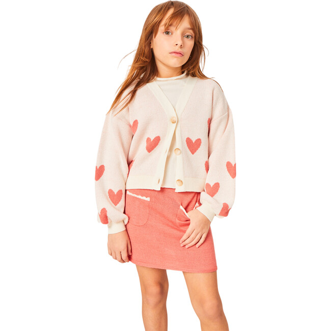 Lena Heart Motif V-Neck Dropped Shoulder Cardigan, Coral - Cardigans - 2