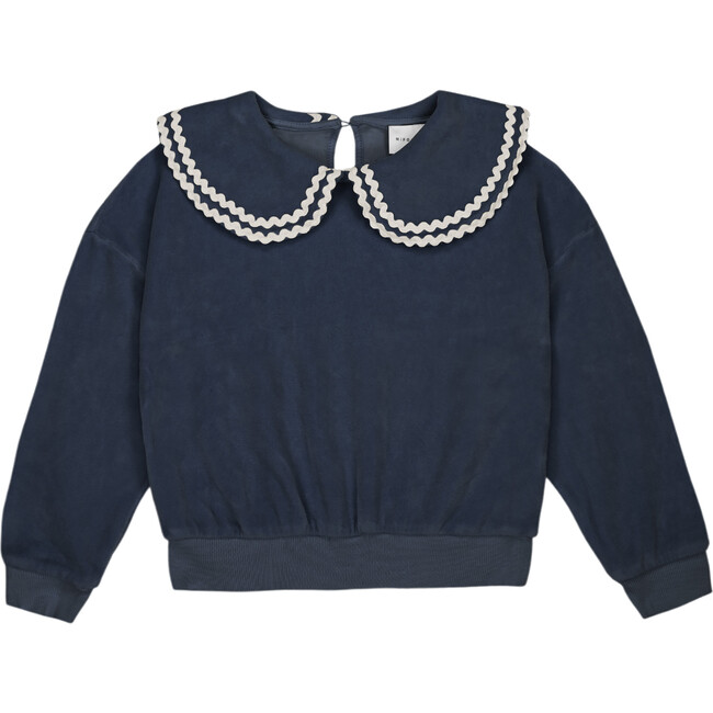 Lola Cotton Velvet Oversized Collar Sweatshirt, Dark Blue