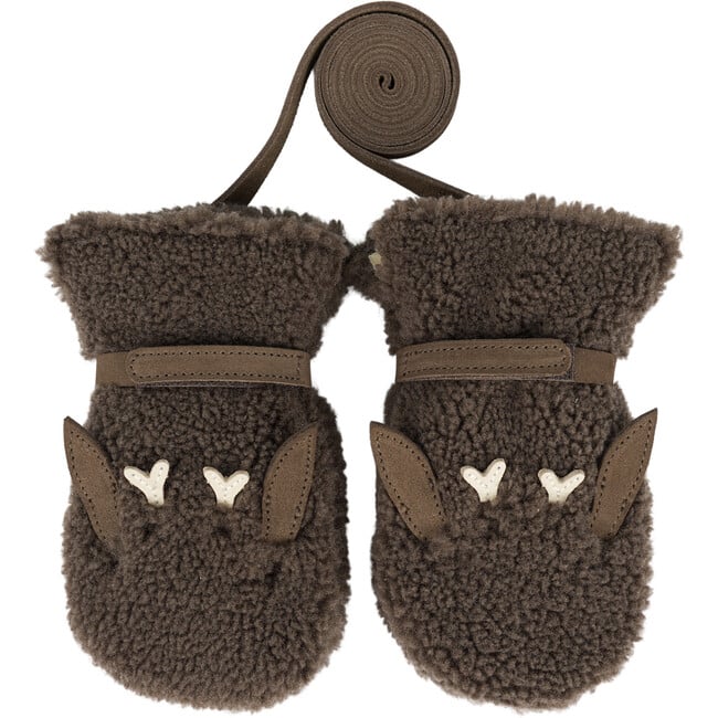 Richy Curly Faux Fur Leather Ears & Velcro Strap Mittens, Stag Hazelnut