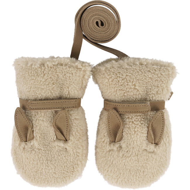 Richy Curly Faux Fur Leather Ears & Velcro Strap Mittens, Alpaca Beige