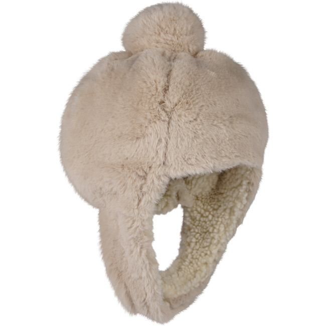 Pila Faux Fur Ear Pom Pom Chin Strap Hat, Light Beige Soft Faux Fur - Hats - 3