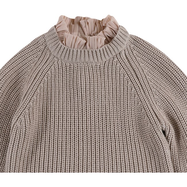 Irene Pleated Neck Ruffle Hem Sweater, Soft Taupe - Sweaters - 3