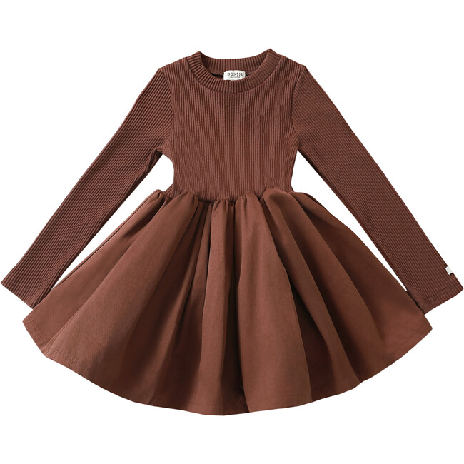 Furre Knit Bodice Gathered Skirt Dress, Mahogany