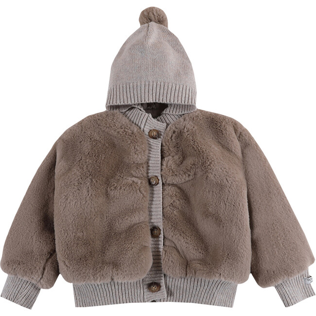 Birie Sherpa Pom Pom Hooded Zipper Jacket, Taupe Teddy