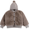Birie Sherpa Pom Pom Hooded Zipper Jacket, Taupe Teddy - Jackets - 1 - thumbnail