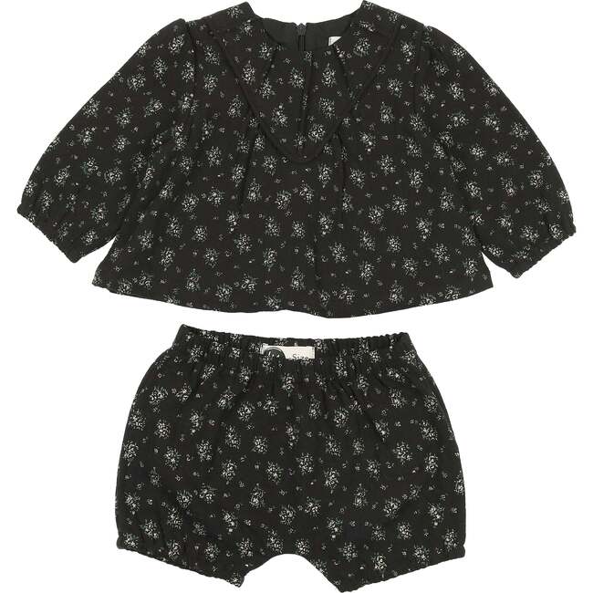 Winter Forest Long Puff Sleeve Top & Short 2-Piece Set, Black