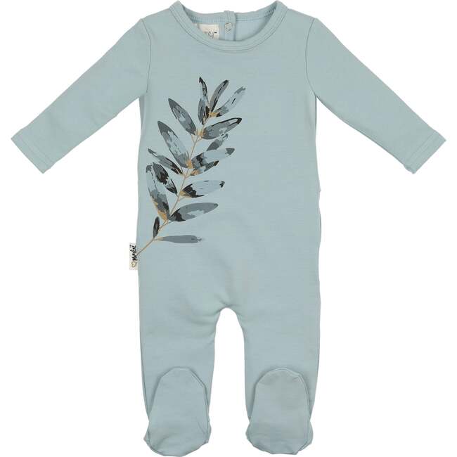 Watercolor Leaves Long Sleeve Footie, Powder Blue - Footie Pajamas - 1