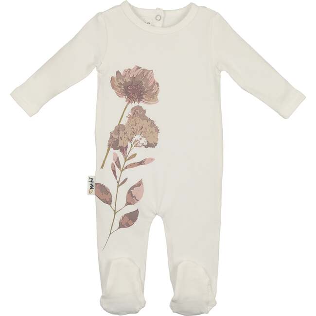 Watercolor Floral Round Neck Long Sleeve Footie, Cream