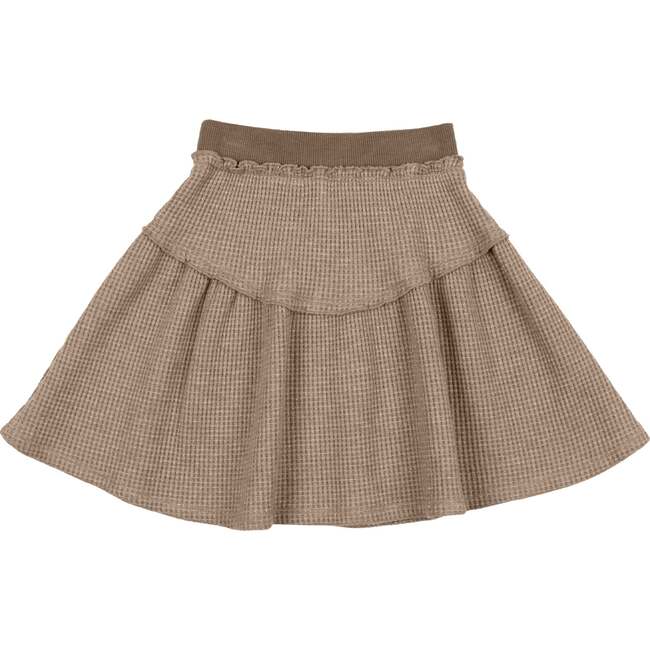 Waffle Knit Tiered Yoke Ribbed Waist A-Line Short Skirt, Taupe