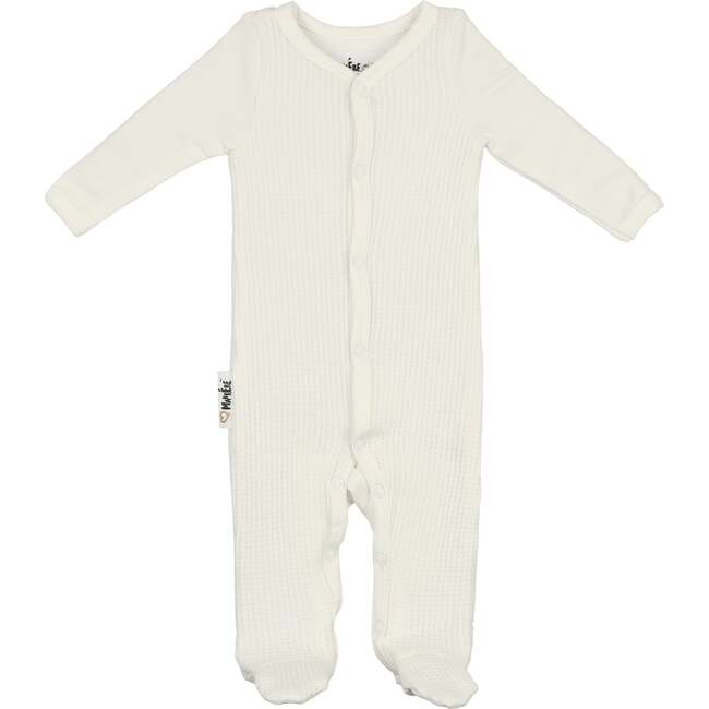 Waffle Round Neck Long Sleeve Snap Footie, Cream - Footie Pajamas - 1