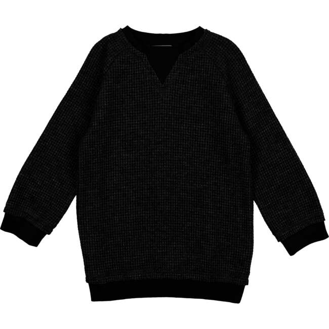 Waffle Knit Sparkle Crew Neck Relaxed Fit Sweater, Black