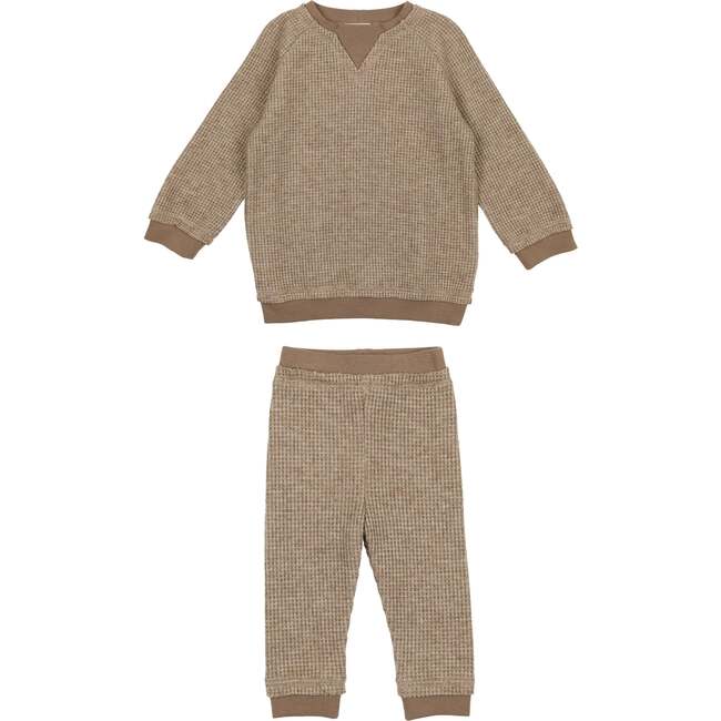 Waffle Knit Ribbed Trim Sweater & Pant Sparkle Set, Taupe