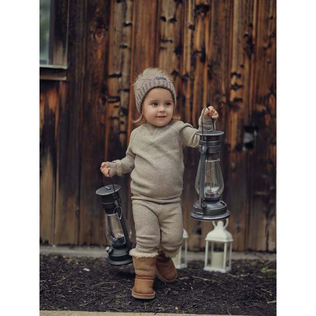 Waffle Knit Ribbed Trim Sweater & Pant Sparkle Set, Taupe - Mixed Apparel Set - 3