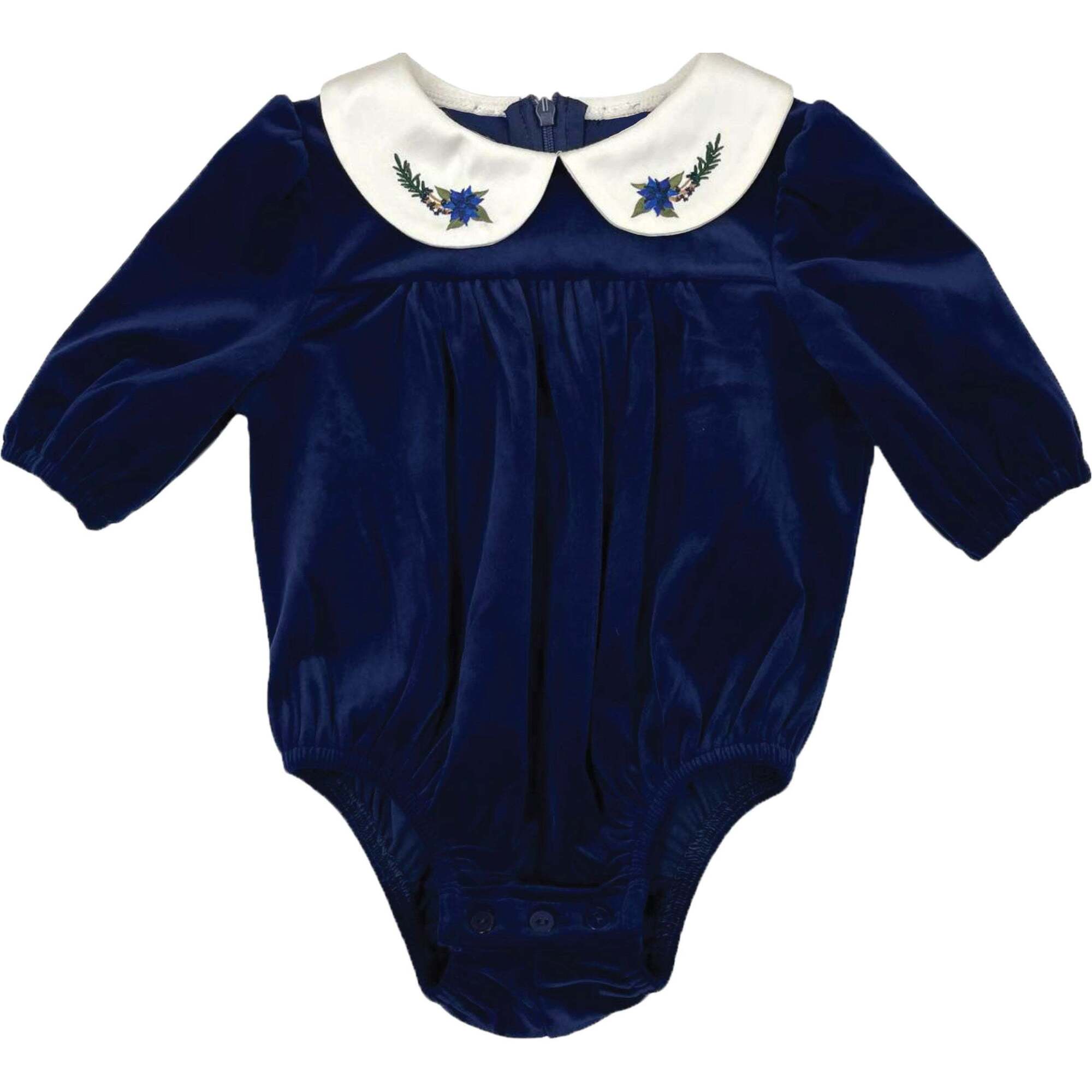 Velvet Butter Peter Pan Collar Long Sleeve Romper, Navy - Onesies - 1
