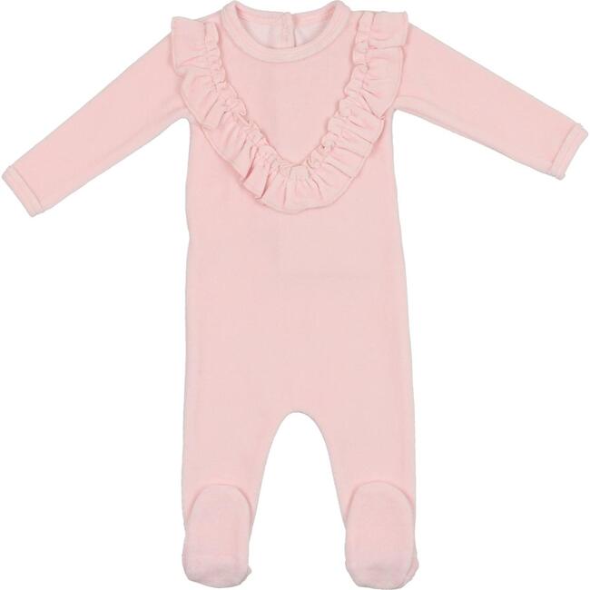 Velour Ruffle Long Sleeve Footie, Pale Pink