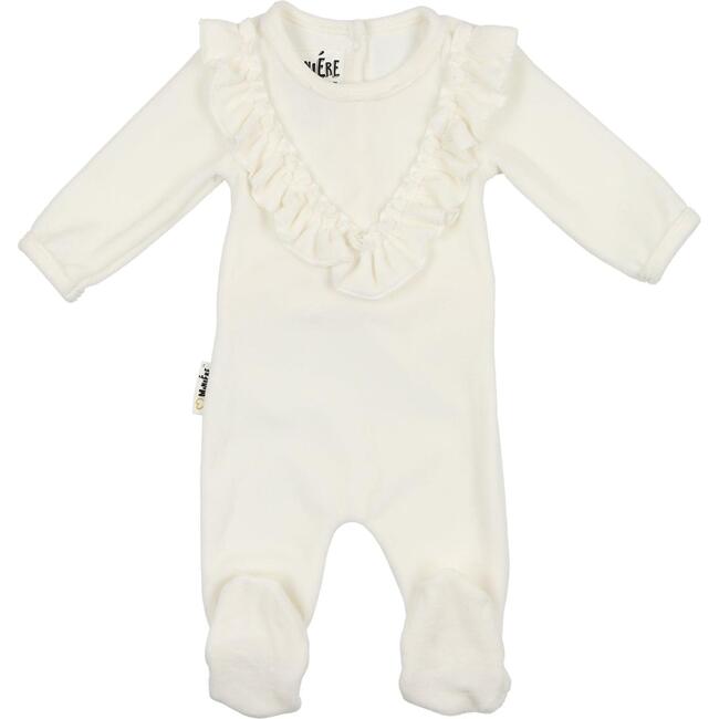 Velour Ruffle Long Sleeve Footie, Ivory - Footie Pajamas - 1