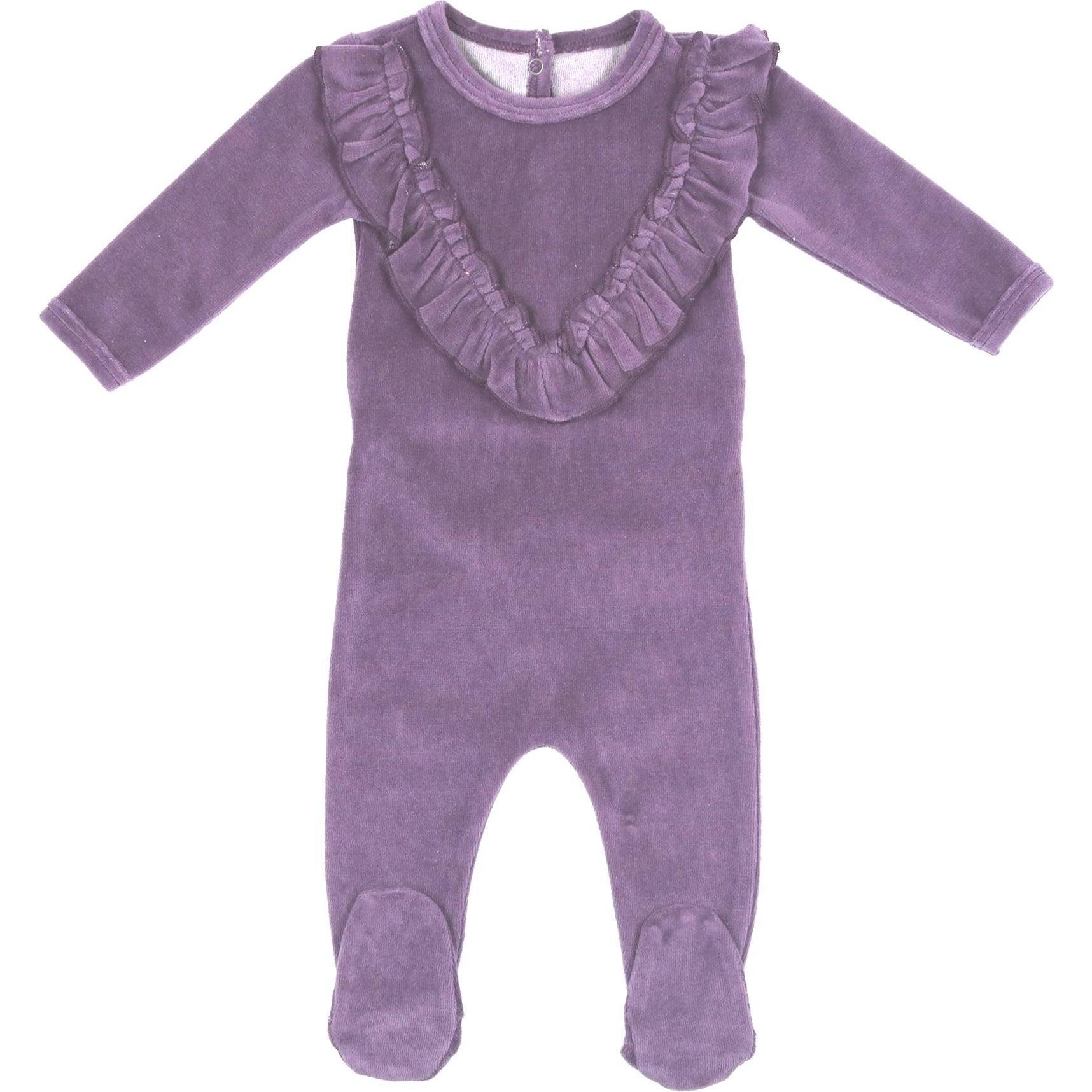 Velour Ruffle Long Sleeve Footie, Plum - Footie Pajamas - 1
