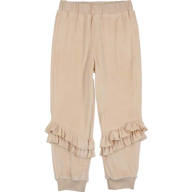 Velour Ribbed Waist & Cuff Ruffle Joggers, Cream