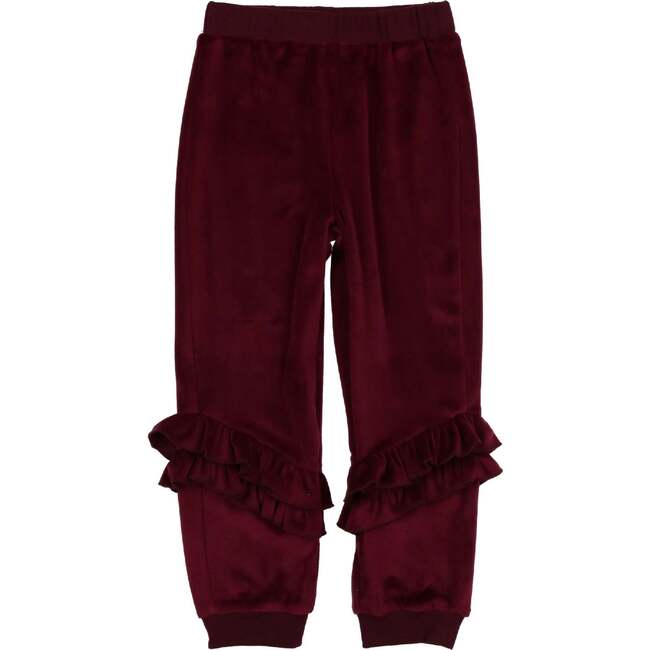 Velour Ribbed Waist & Cuff Ruffle Joggers, Burgundy