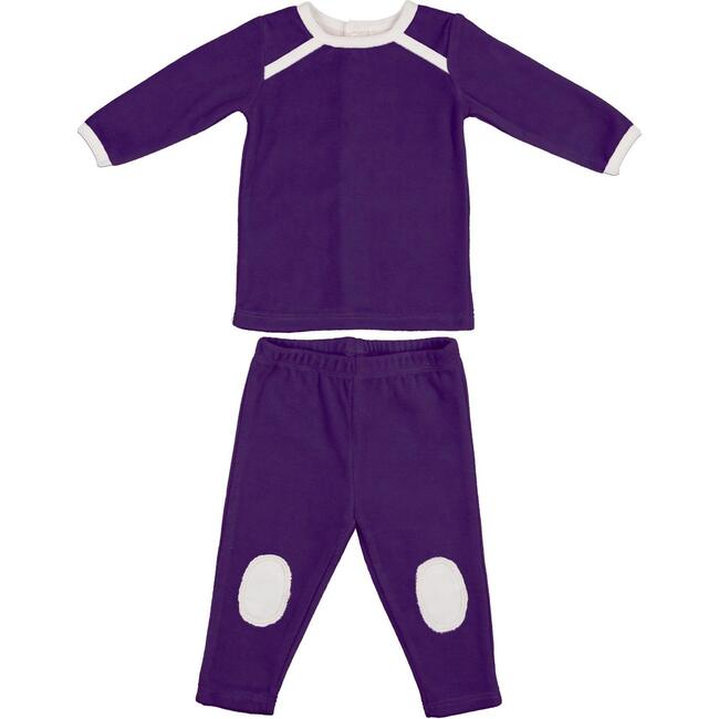 Velour Long Sleeve Top & Knee Patch Pant Lounge Set, Plum - Mixed Apparel Set - 1