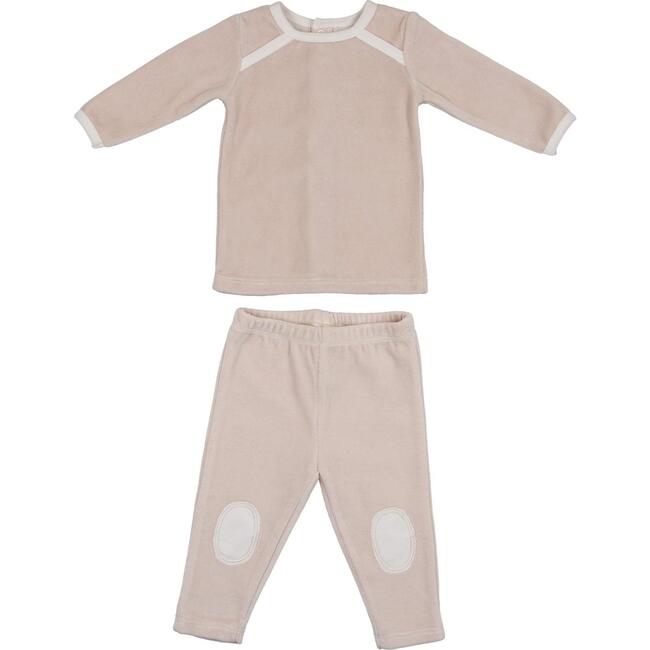 Velour Long Sleeve Top & Knee Patch Pant Lounge Set, Sand