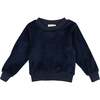 Velour Crew Neck Ribbed Cuff Long Sleeve Shirt, Navy - Sweaters - 1 - thumbnail