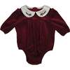 Velvet Butter Peter Pan Collar Long Sleeve Romper, Burgundy - Onesies - 1 - thumbnail