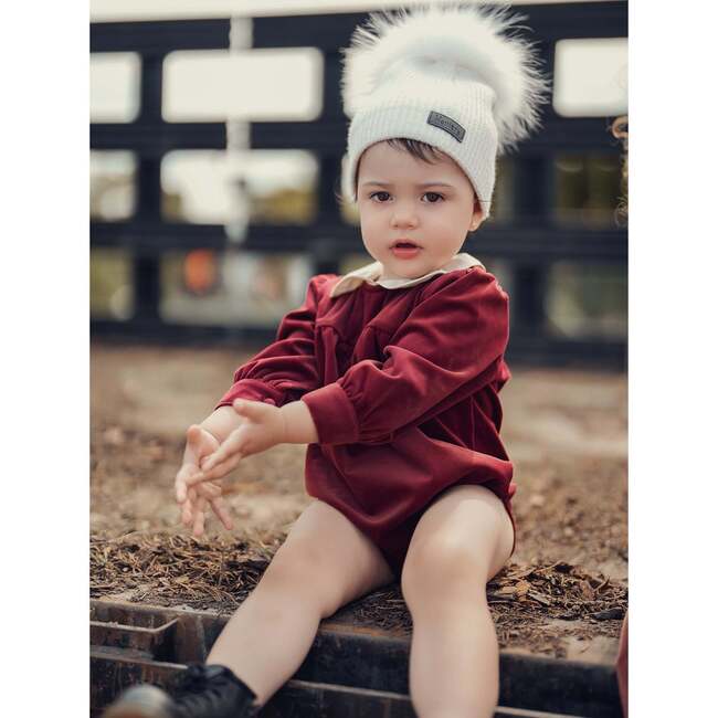 Velvet Butter Peter Pan Collar Long Sleeve Romper, Burgundy - Onesies - 3