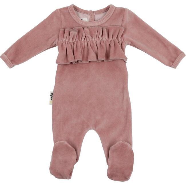 Velour Chest Ruffle Long Sleeve Footie, Mauve