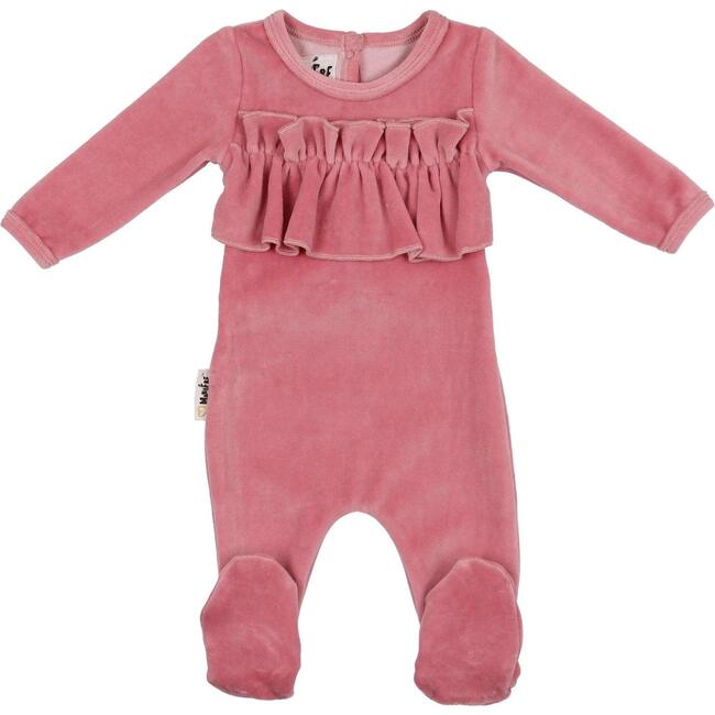 Velour Chest Ruffle Long Sleeve Footie, Berry