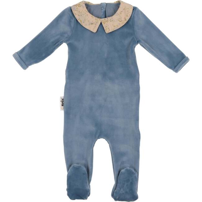 Velour Collared Long Sleeve Footie, Sky Blue - Footie Pajamas - 1