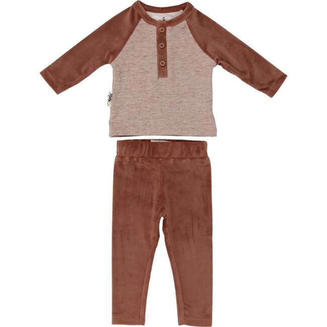 Velour Contrast Raglan Sleeve Henley Tee & Pant 2-Piece Set, Taupe