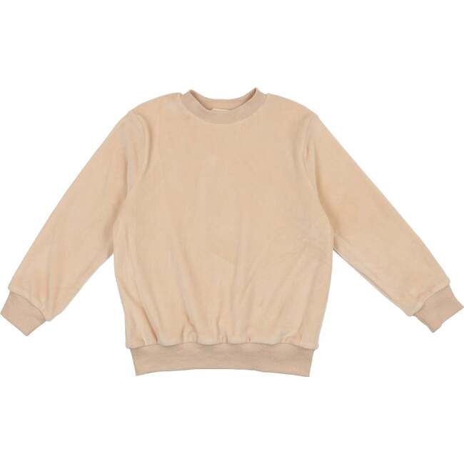 Velour Crew Neck Ribbed Cuff Long Sleeve Shirt, Cream