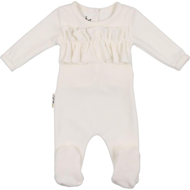 Velour Chest Ruffle Long Sleeve Footie, Ivory