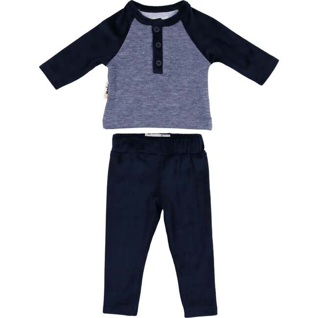 Velour Contrast Raglan Sleeve Henley Tee & Pant 2-Piece Set, Navy