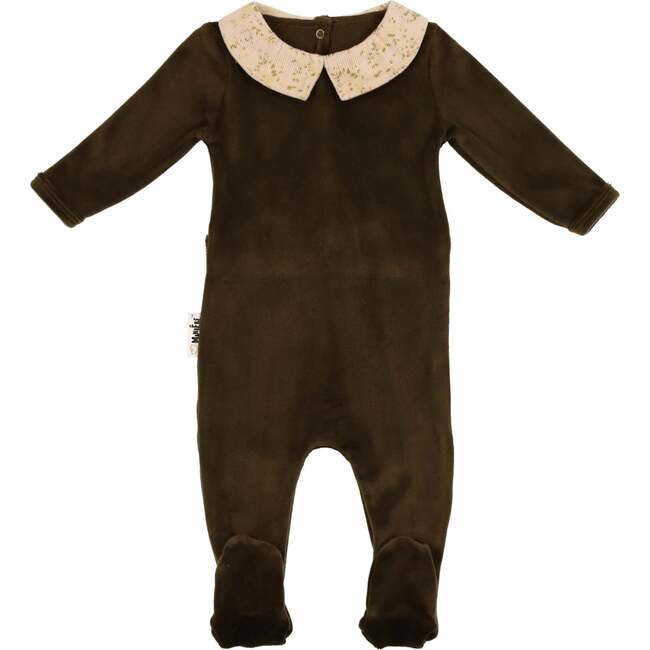 Velour Collared Long Sleeve Footie, Olive Green - Footie Pajamas - 1