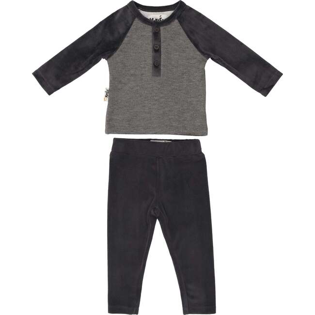 Velour Contrast Raglan Sleeve Henley Tee & Pant 2-Piece Set, Grey