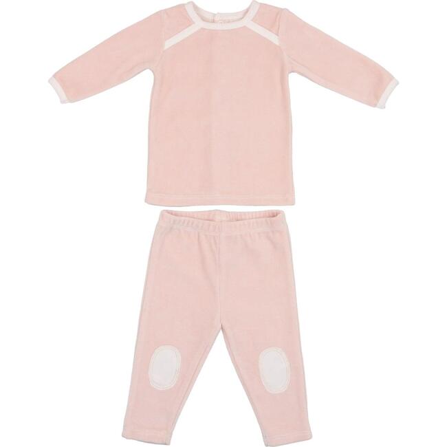 Velour Long Sleeve Top & Knee Patch Pant Lounge Set, Pale Pink - Mixed Apparel Set - 1