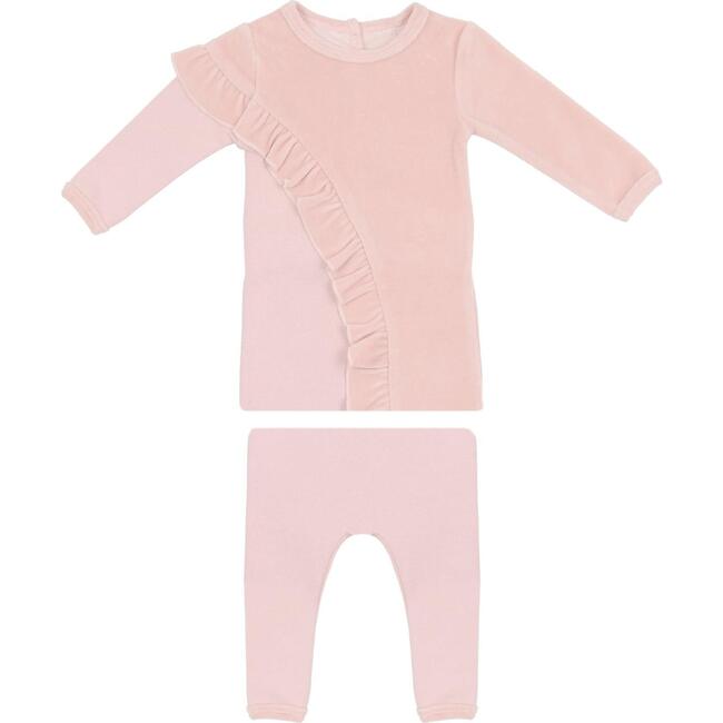 Velour French Terry Ruffle Long Sleeve Top & Pant 2-Piece Set, Pale Pink