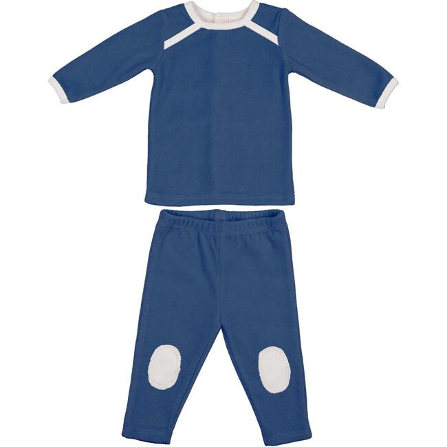 Velour Long Sleeve Top & Knee Patch Pant Lounge Set, Midnight Blue - Mixed Apparel Set - 1