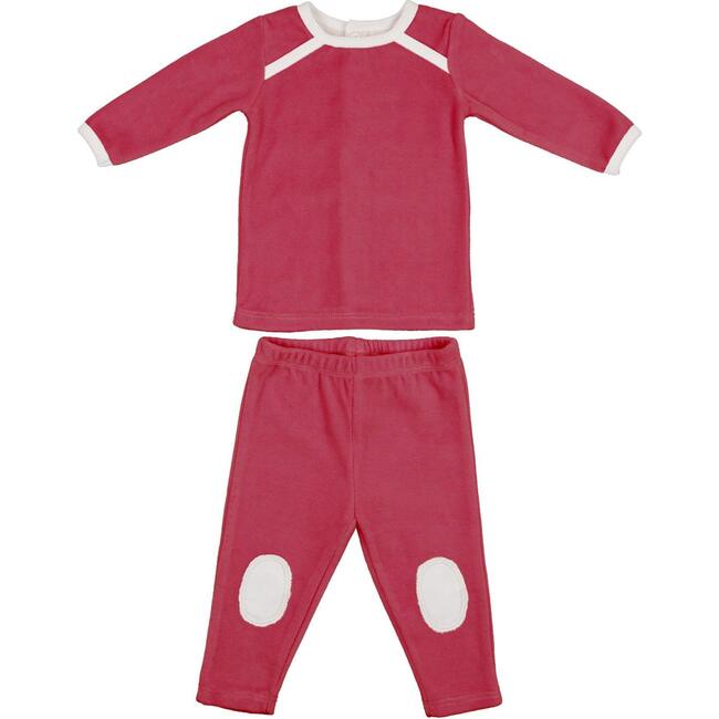 Velour Long Sleeve Top & Knee Patch Pant Lounge Set, Berry - Mixed Apparel Set - 1