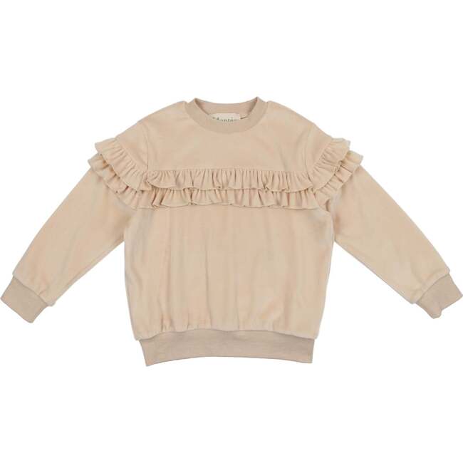 Velour Crew Neck Ruffle Chest Long Sleeve Sweatshirt, Cream